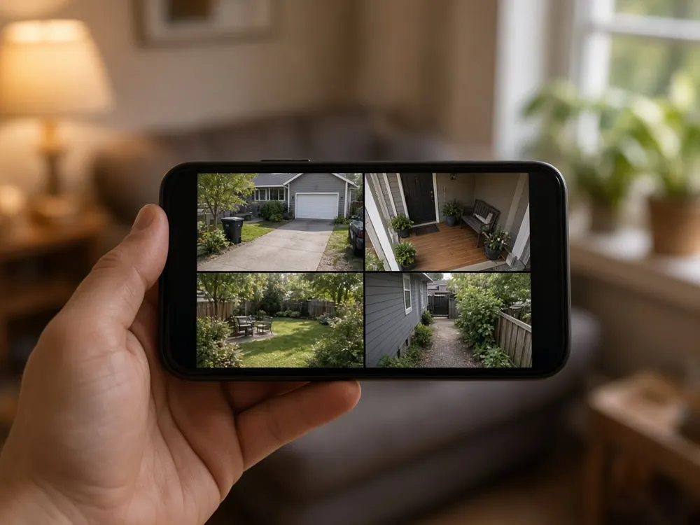 Illustration: phone showing live camera views at home